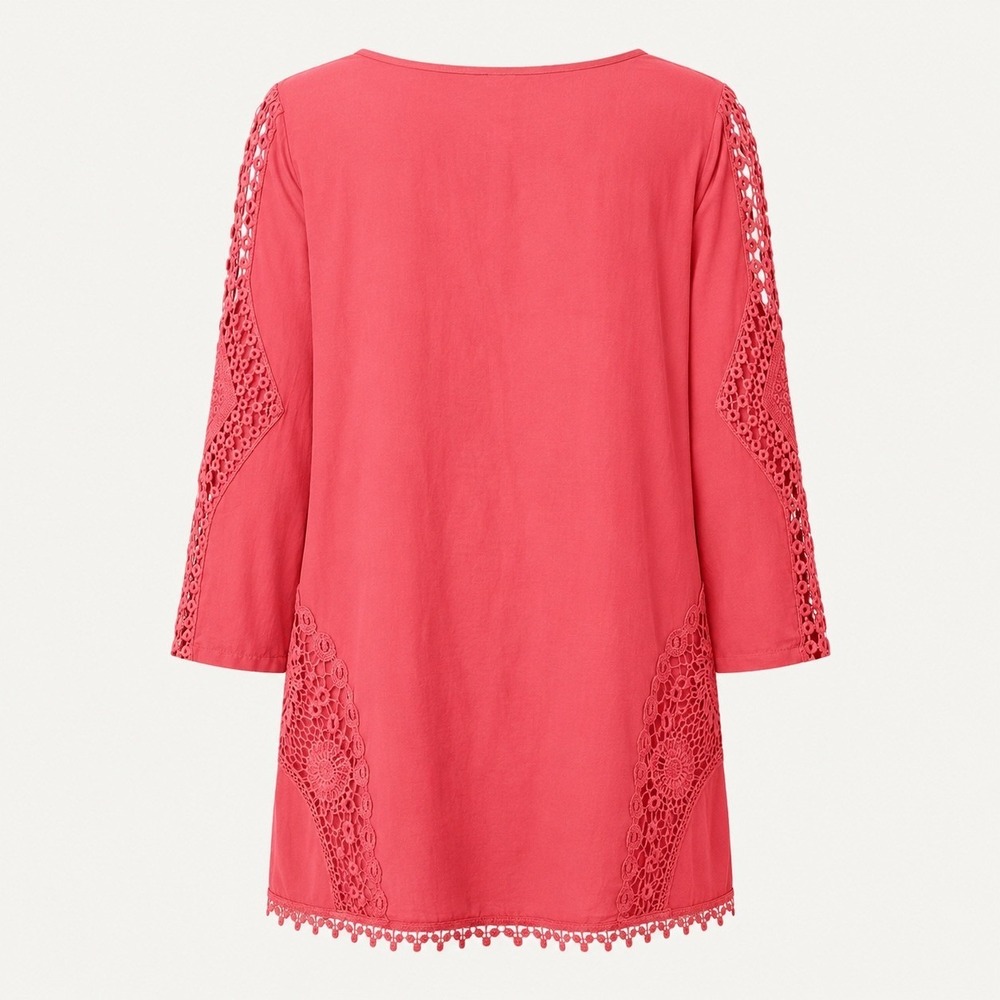 XCVI Coral Pink Cotton Silk Crochet Lace Tunic Top Bohemian Romantic Beachy Sz M - Picture 9 of 16
